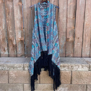 COWGIRL UP Women’s Western Teal Pink Brown Pattern Vest Shawl Tassels Large